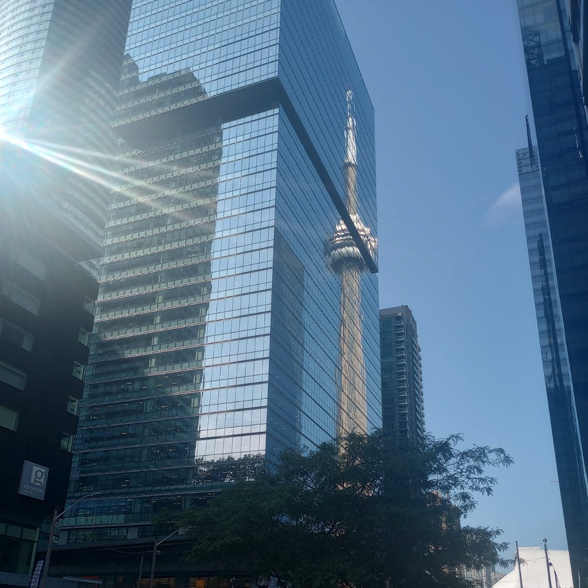 CN tower reflection in glass building